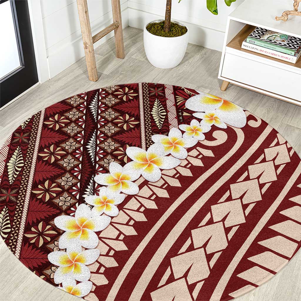 Red Vintage Tonga Ngatu Pattern With Plumeria Round Carpet - Polynesian Pride