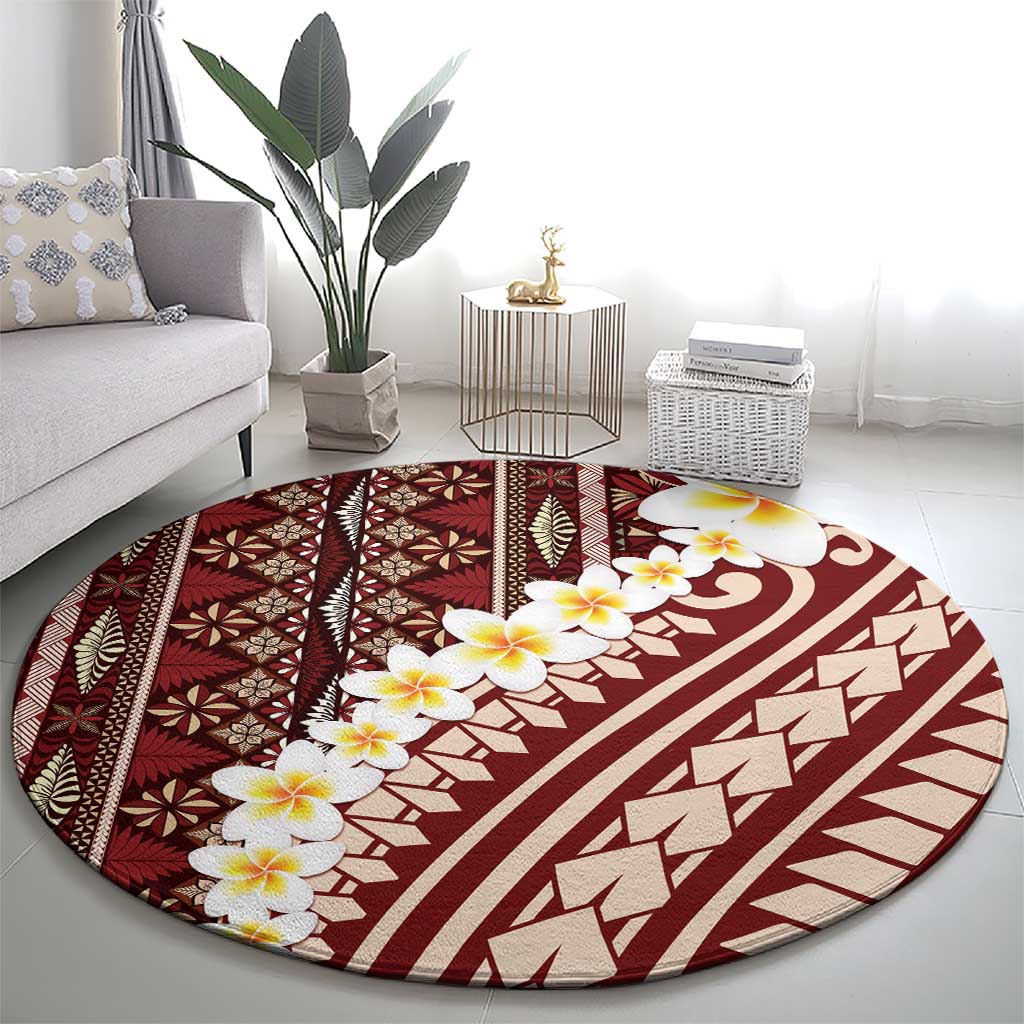 Red Vintage Tonga Ngatu Pattern With Plumeria Round Carpet - Polynesian Pride