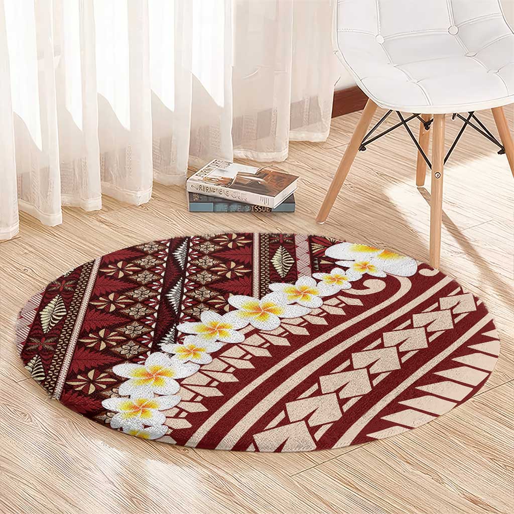Red Vintage Tonga Ngatu Pattern With Plumeria Round Carpet - Polynesian Pride