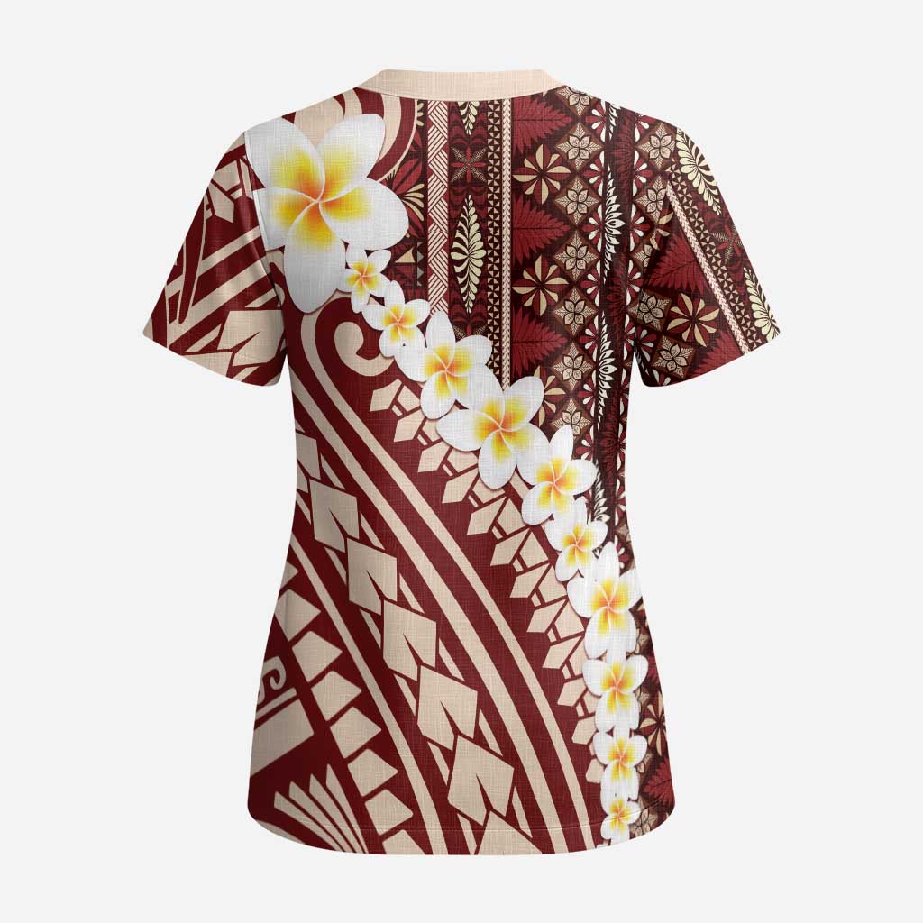 Red Vintage Tonga Ngatu Pattern With Plumeria Scrub Top LT05 - Polynesian Pride