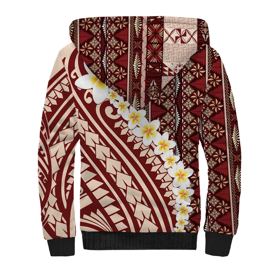 Red Vintage Tonga Ngatu Pattern With Plumeria Sherpa Hoodie - Polynesian Pride