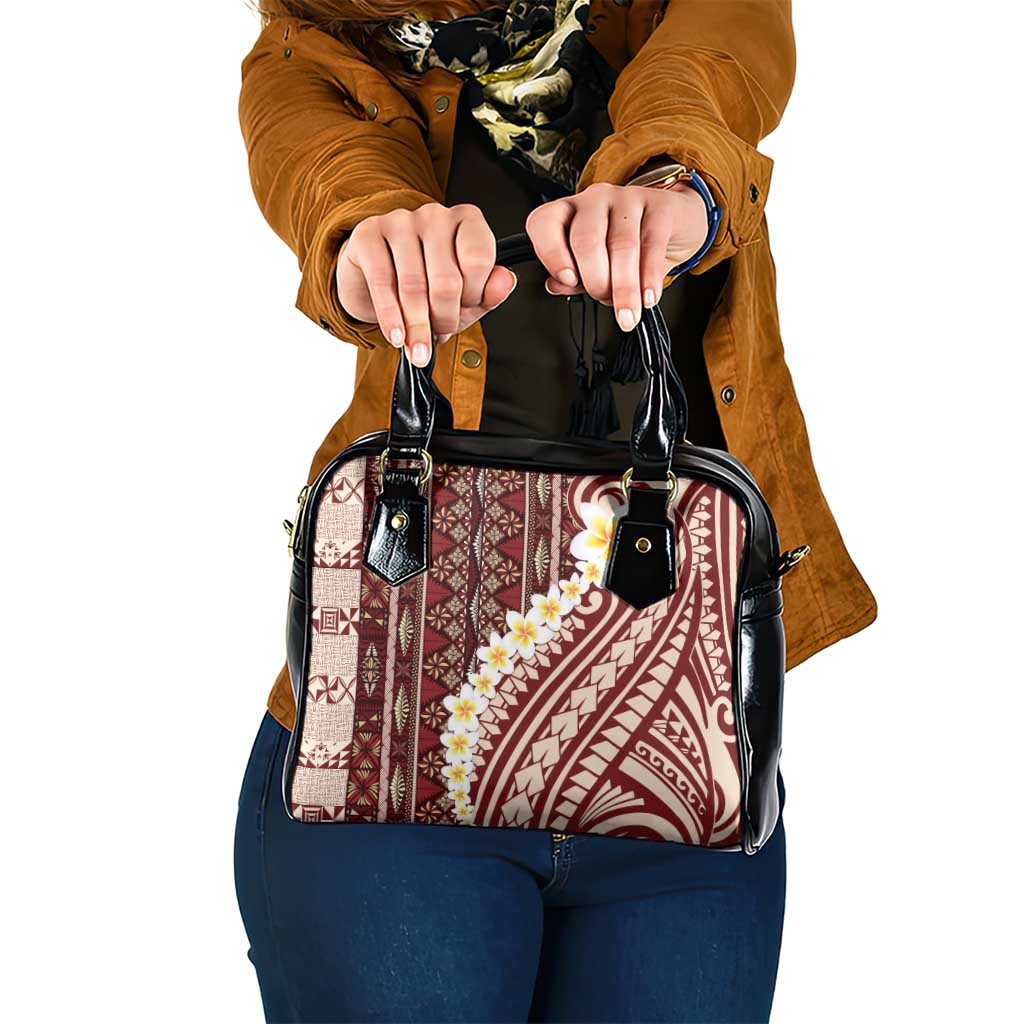 Red Vintage Tonga Ngatu Pattern With Plumeria Shoulder Handbag LT05 One Size Red - Polynesian Pride