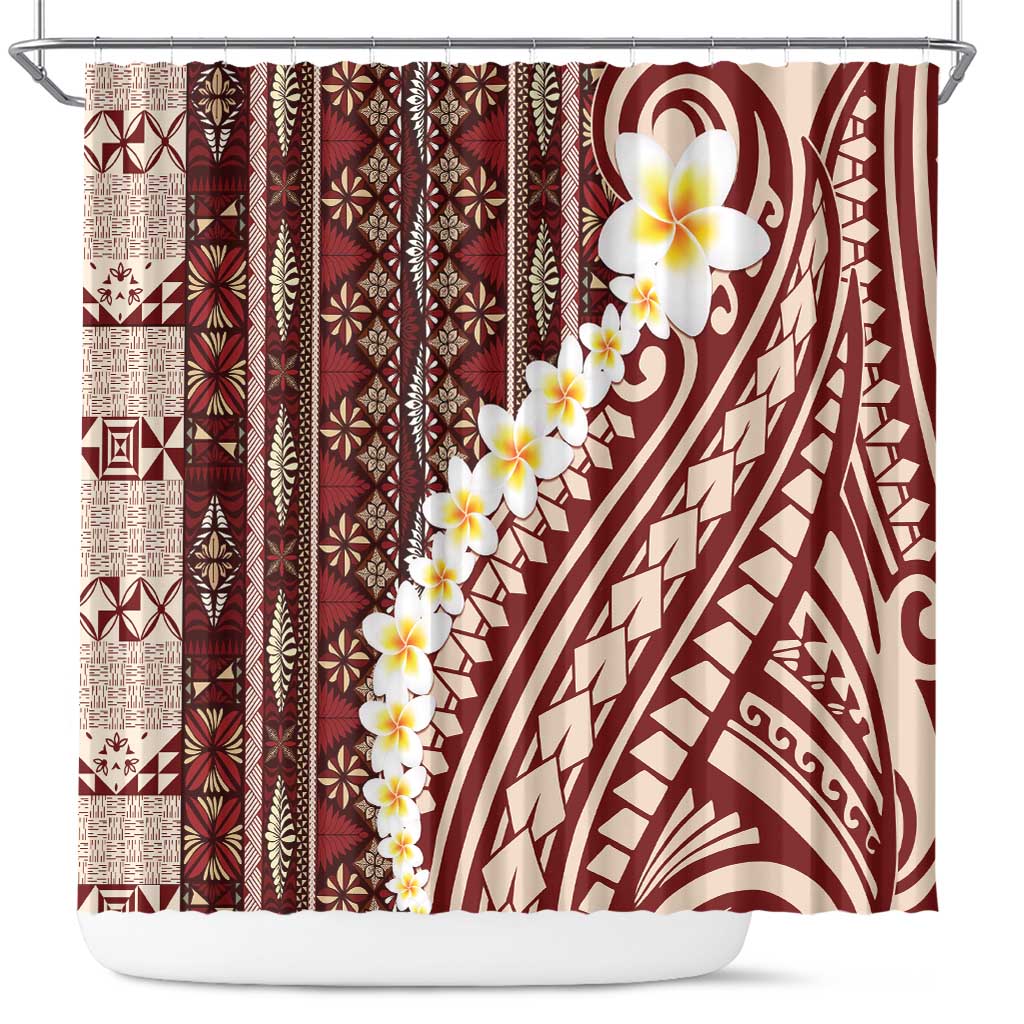 Red Vintage Tonga Ngatu Pattern With Plumeria Shower Curtain - Polynesian Pride