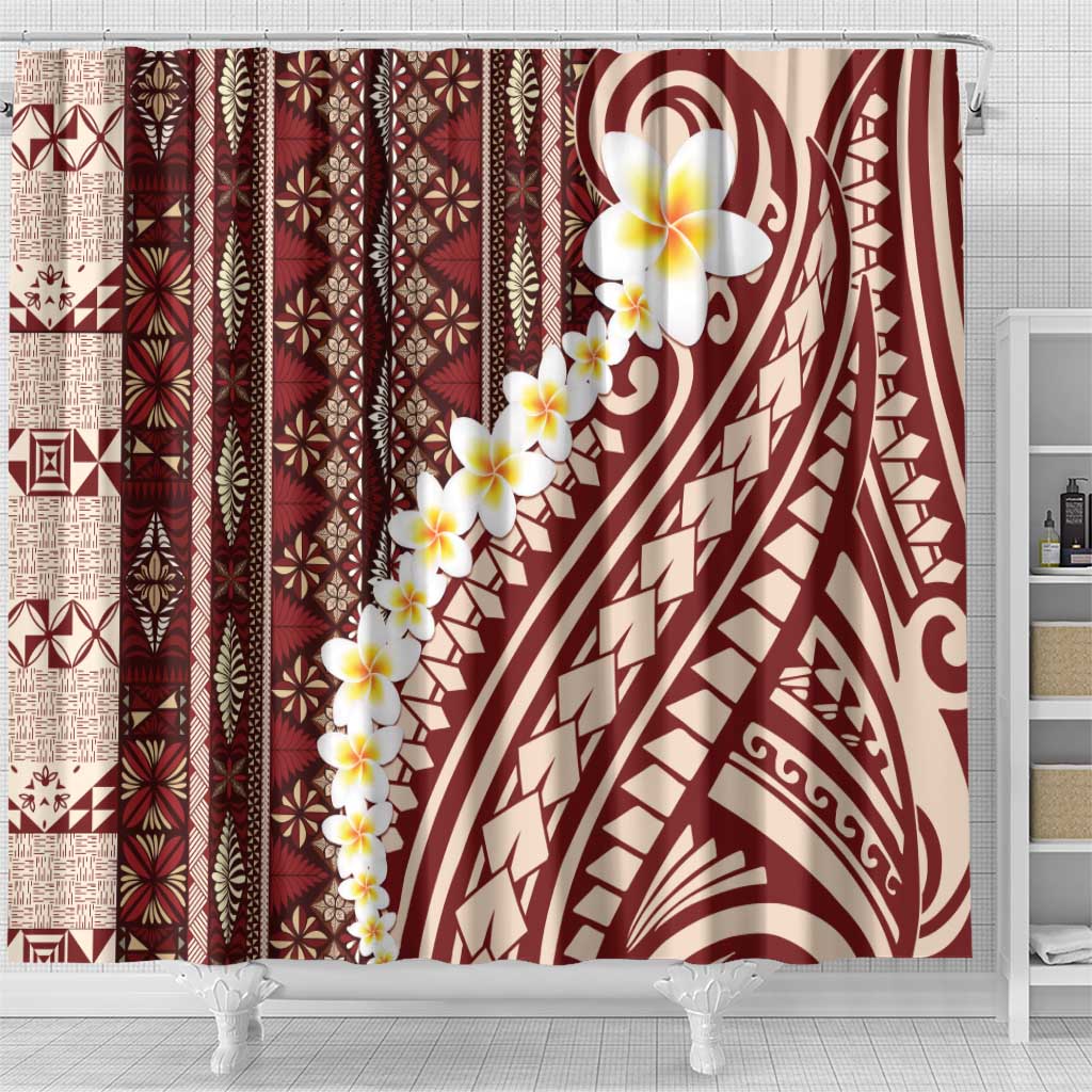 Red Vintage Tonga Ngatu Pattern With Plumeria Shower Curtain - Polynesian Pride