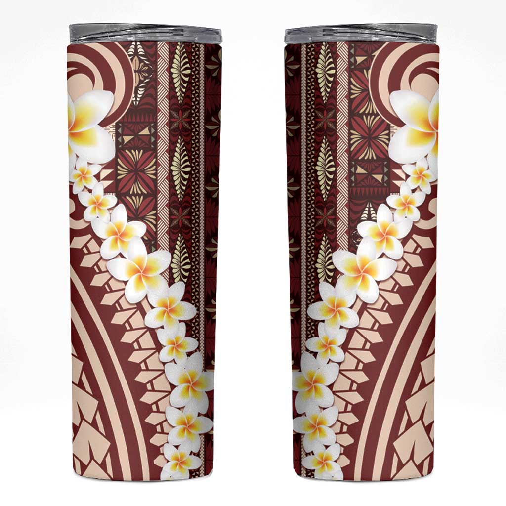 Red Vintage Tonga Ngatu Pattern With Plumeria Skinny Tumbler - Polynesian Pride