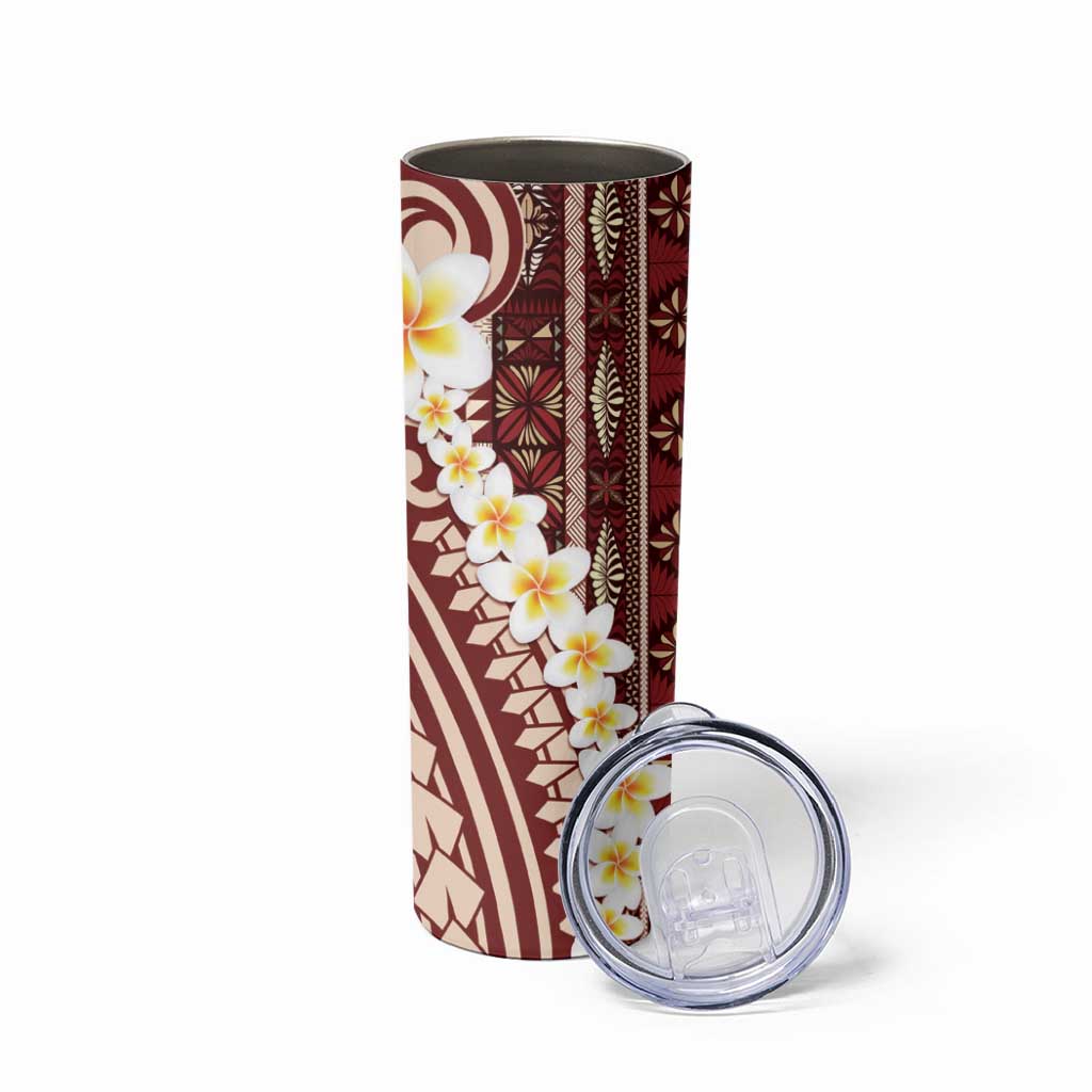 Red Vintage Tonga Ngatu Pattern With Plumeria Skinny Tumbler - Polynesian Pride