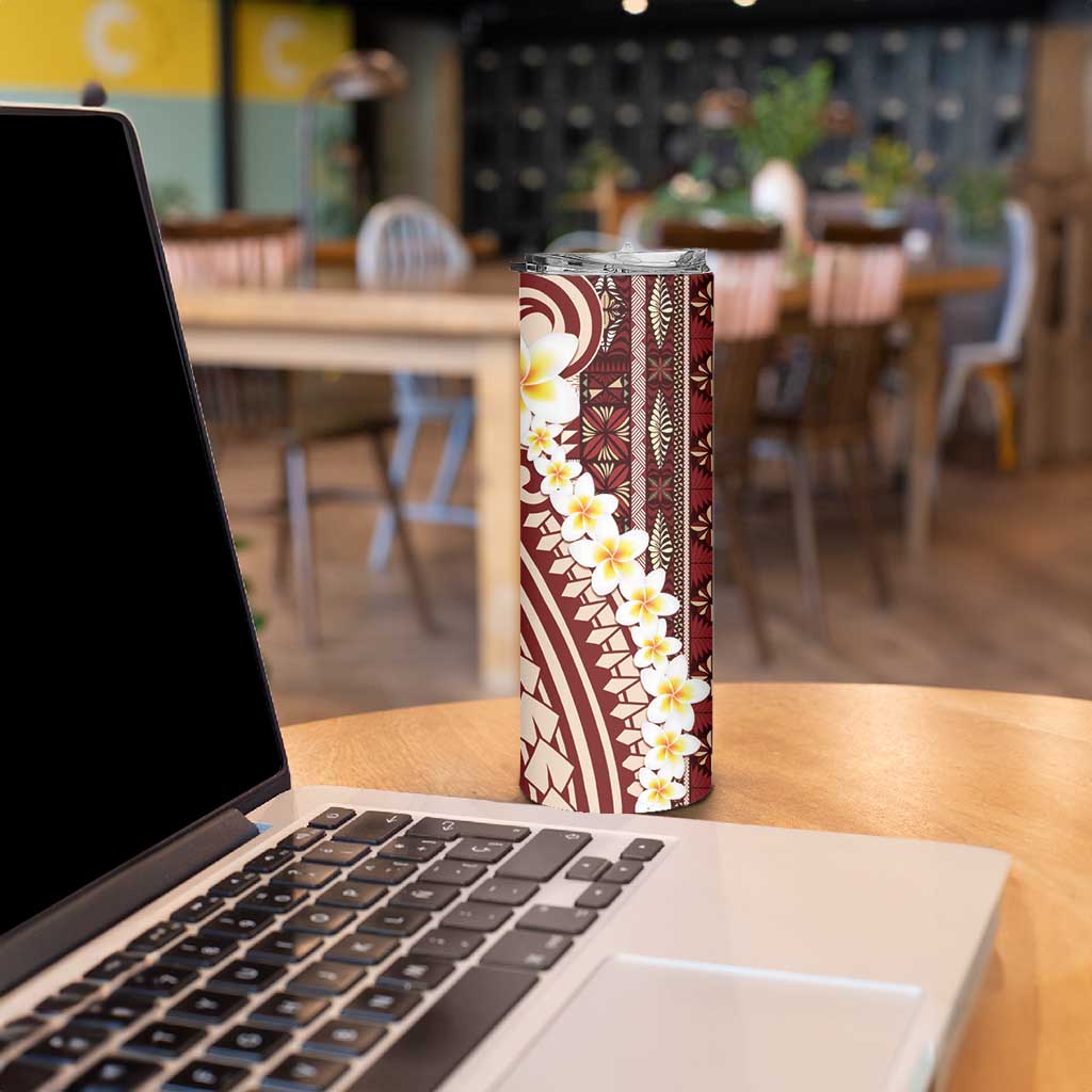 Red Vintage Tonga Ngatu Pattern With Plumeria Skinny Tumbler - Polynesian Pride