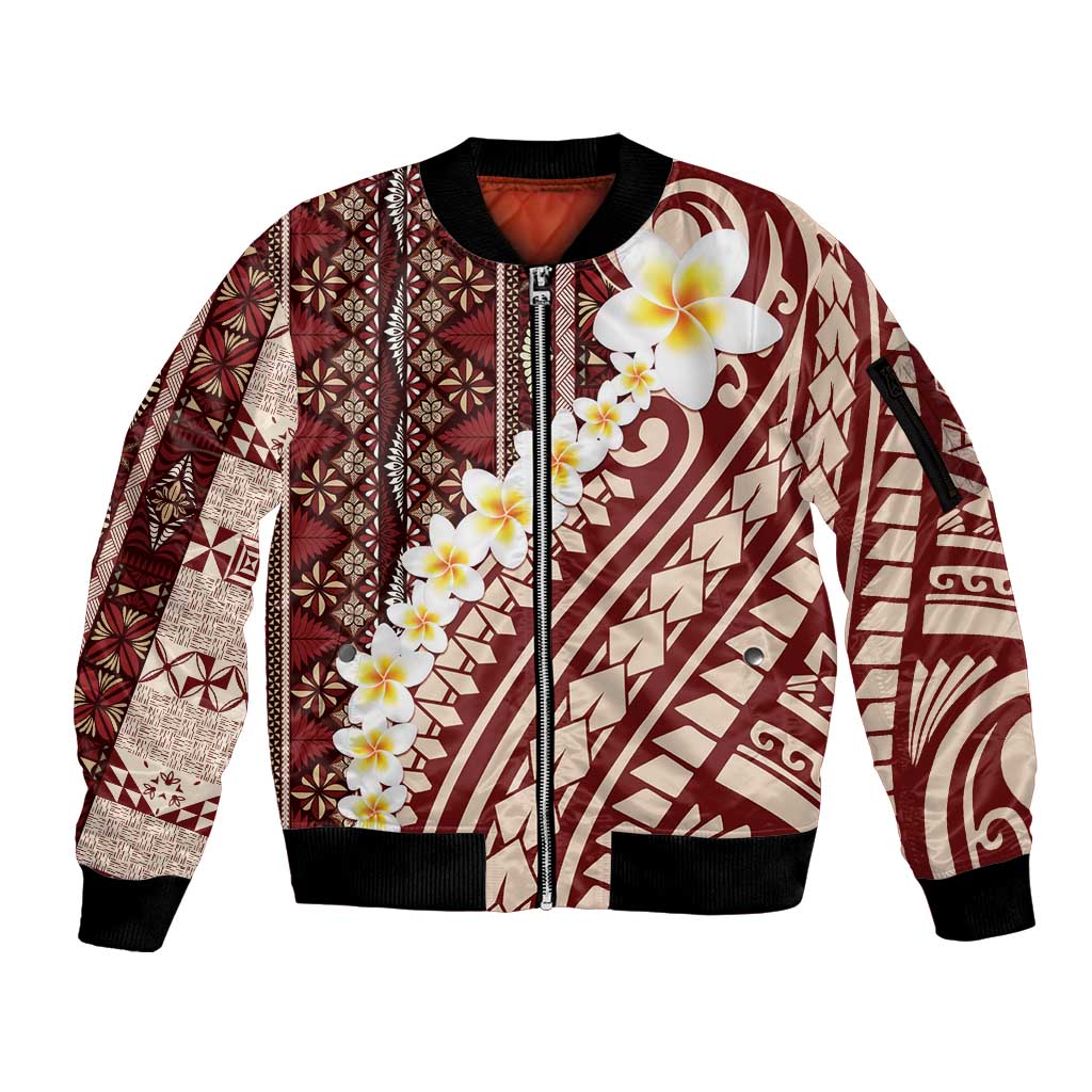 Red Vintage Tonga Ngatu Pattern With Plumeria Sleeve Zip Bomber Jacket LT05 Unisex Red - Polynesian Pride