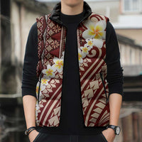 Red Vintage Tonga Ngatu Pattern With Plumeria Sleeveless Puffer Jacket - Polynesian Pride
