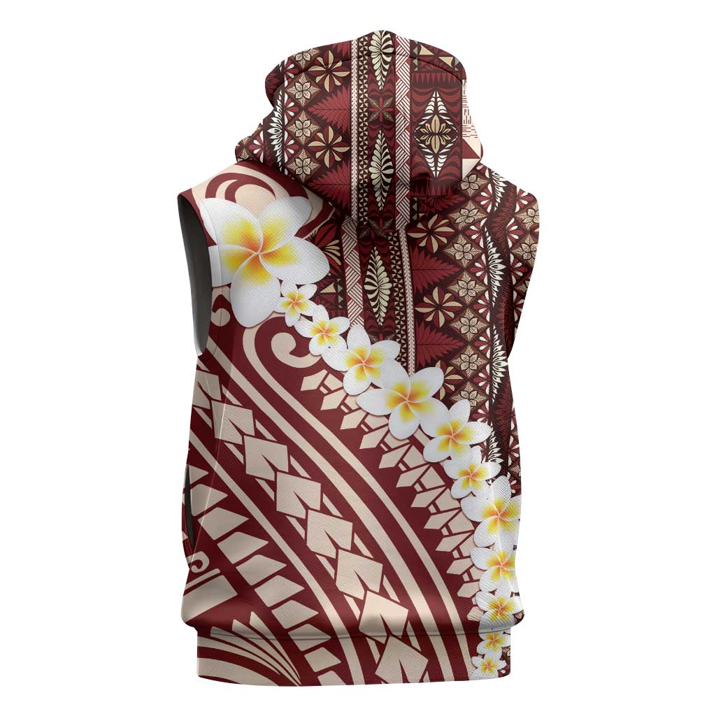 Red Vintage Tonga Ngatu Pattern With Plumeria Sleeveless Zip Hoodie LT05 - Polynesian Pride