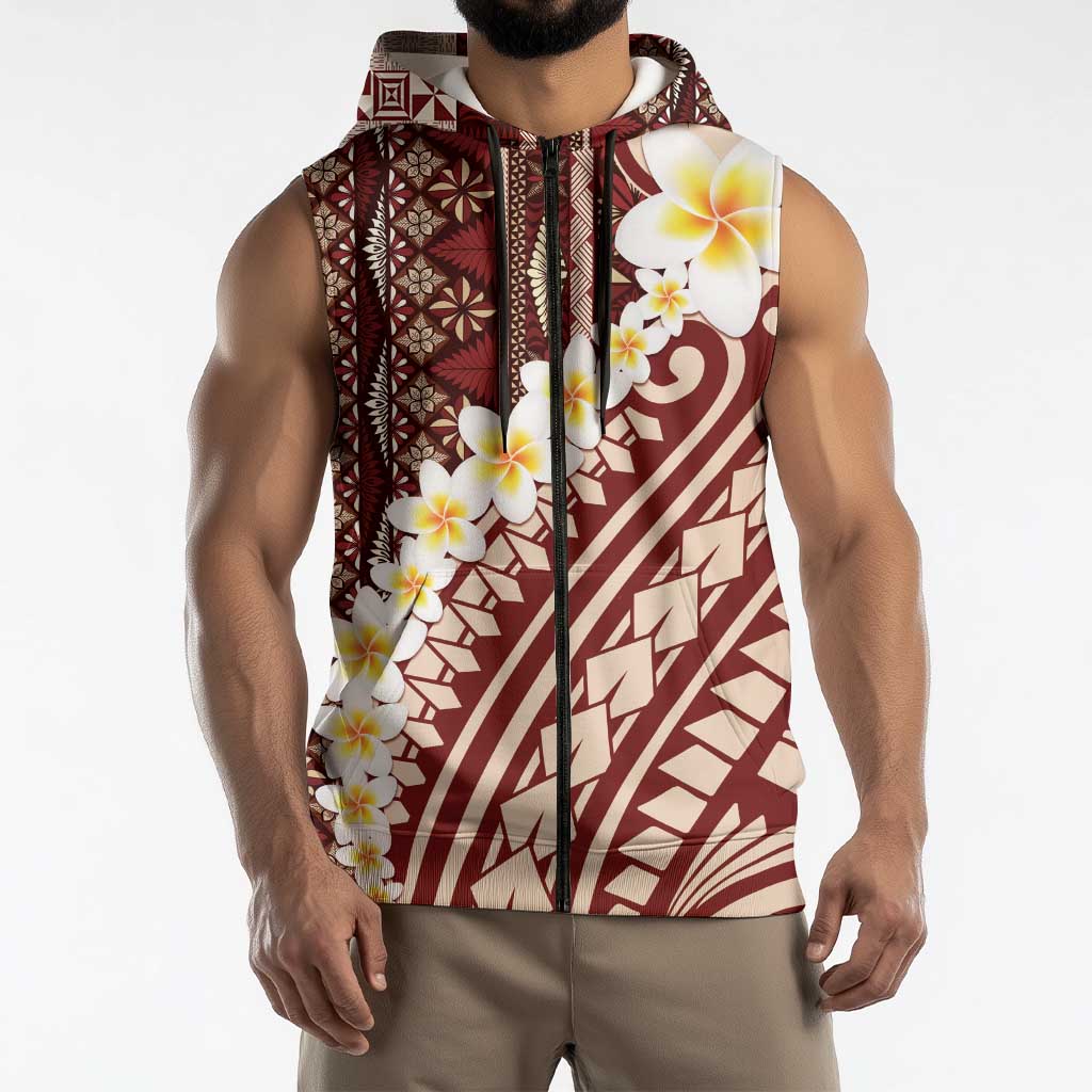 Red Vintage Tonga Ngatu Pattern With Plumeria Sleeveless Zip Hoodie LT05 - Polynesian Pride