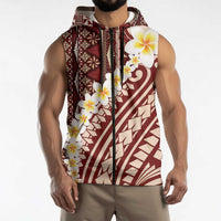 Red Vintage Tonga Ngatu Pattern With Plumeria Sleeveless Zip Hoodie LT05 - Polynesian Pride