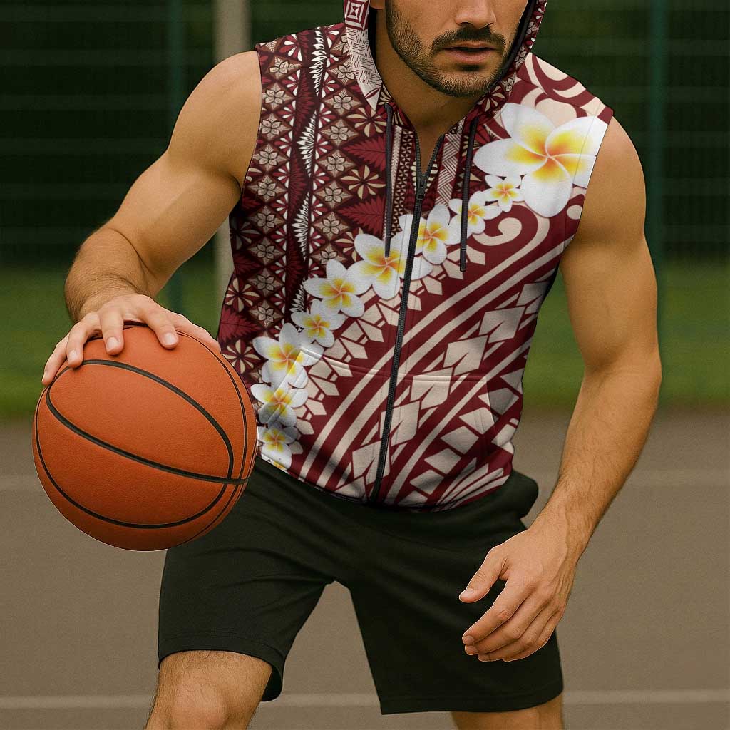 Red Vintage Tonga Ngatu Pattern With Plumeria Sleeveless Zip Hoodie LT05 - Polynesian Pride