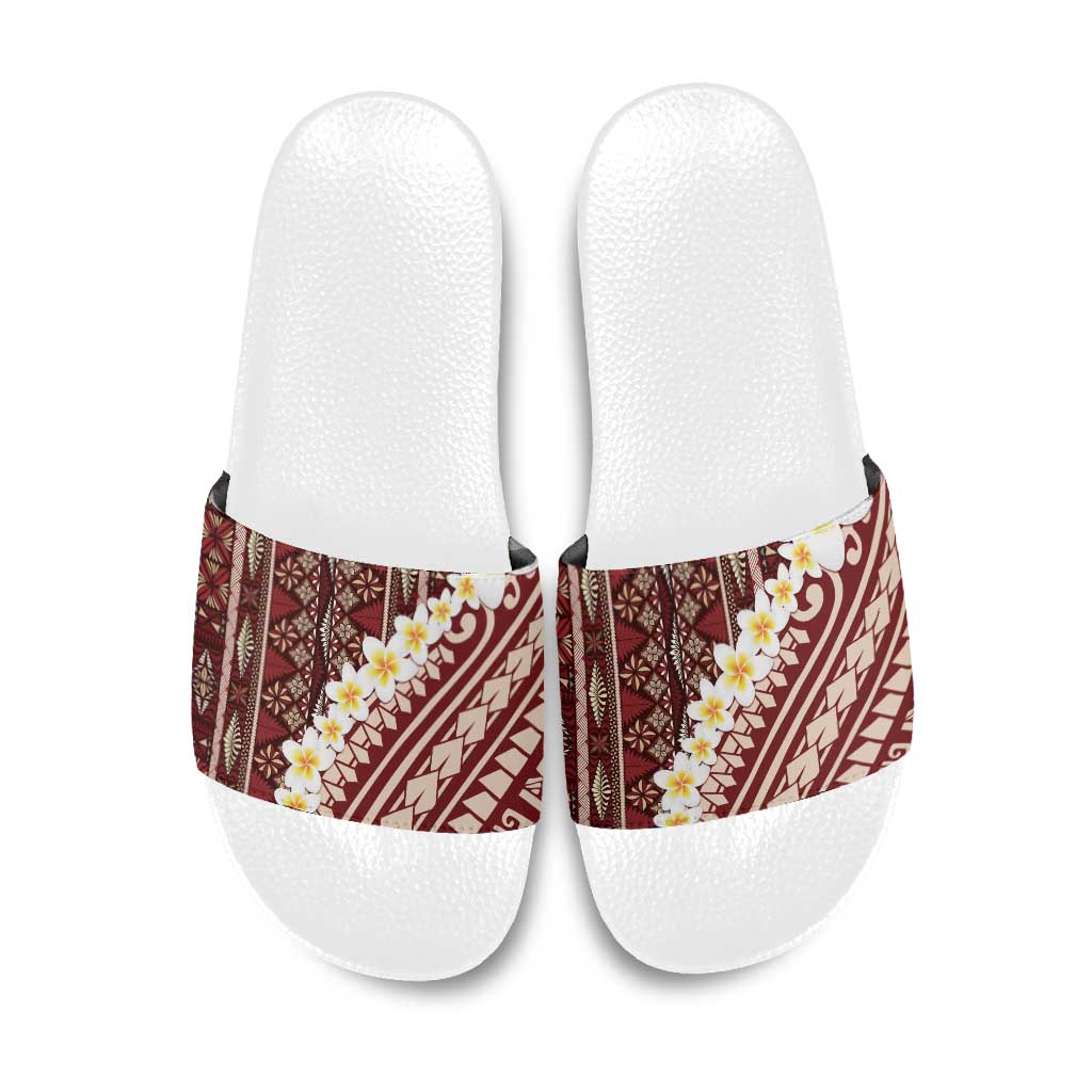 Red Vintage Tonga Ngatu Pattern With Plumeria Slide Sandals - Polynesian Pride