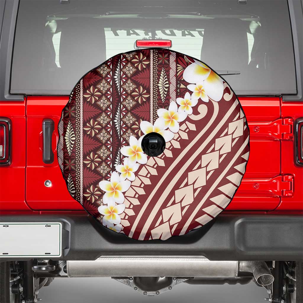 Red Vintage Tonga Ngatu Pattern With Plumeria Spare Tire Cover - Polynesian Pride