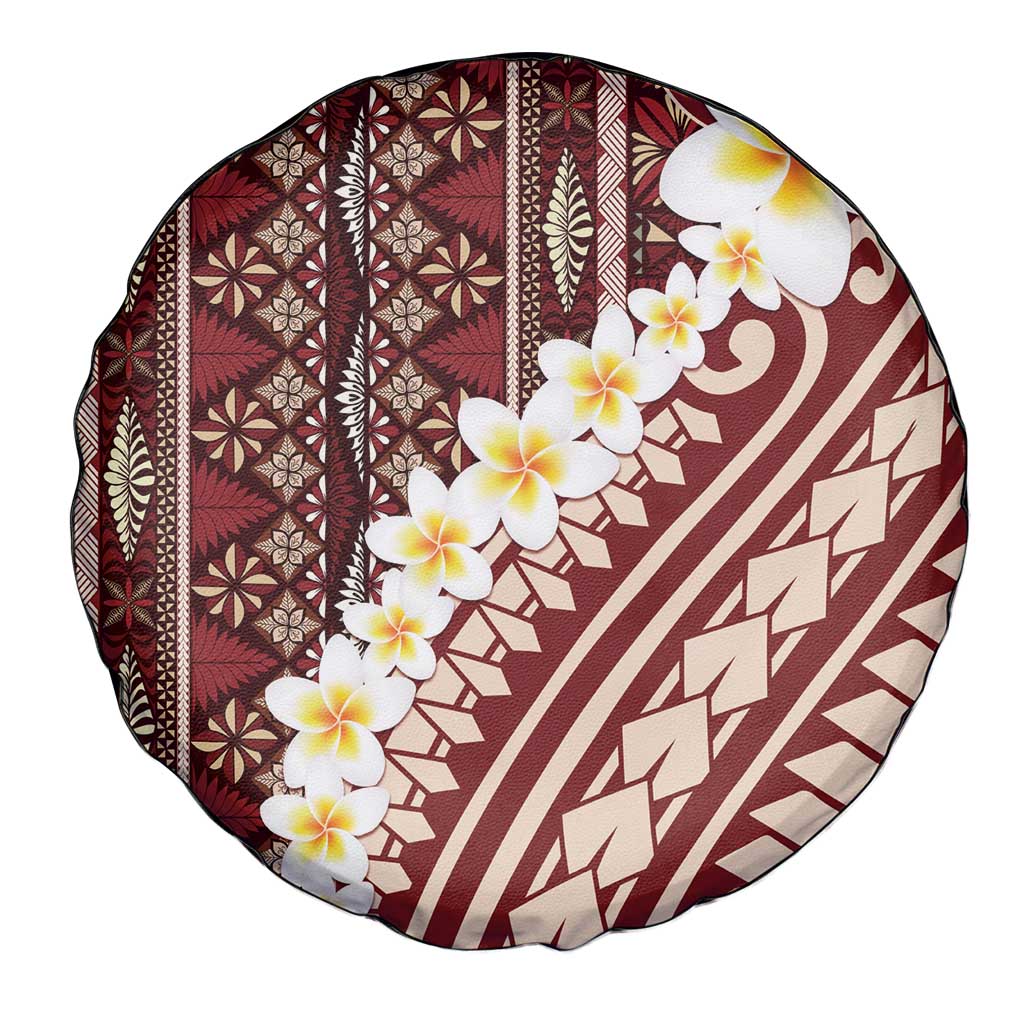 Red Vintage Tonga Ngatu Pattern With Plumeria Spare Tire Cover - Polynesian Pride