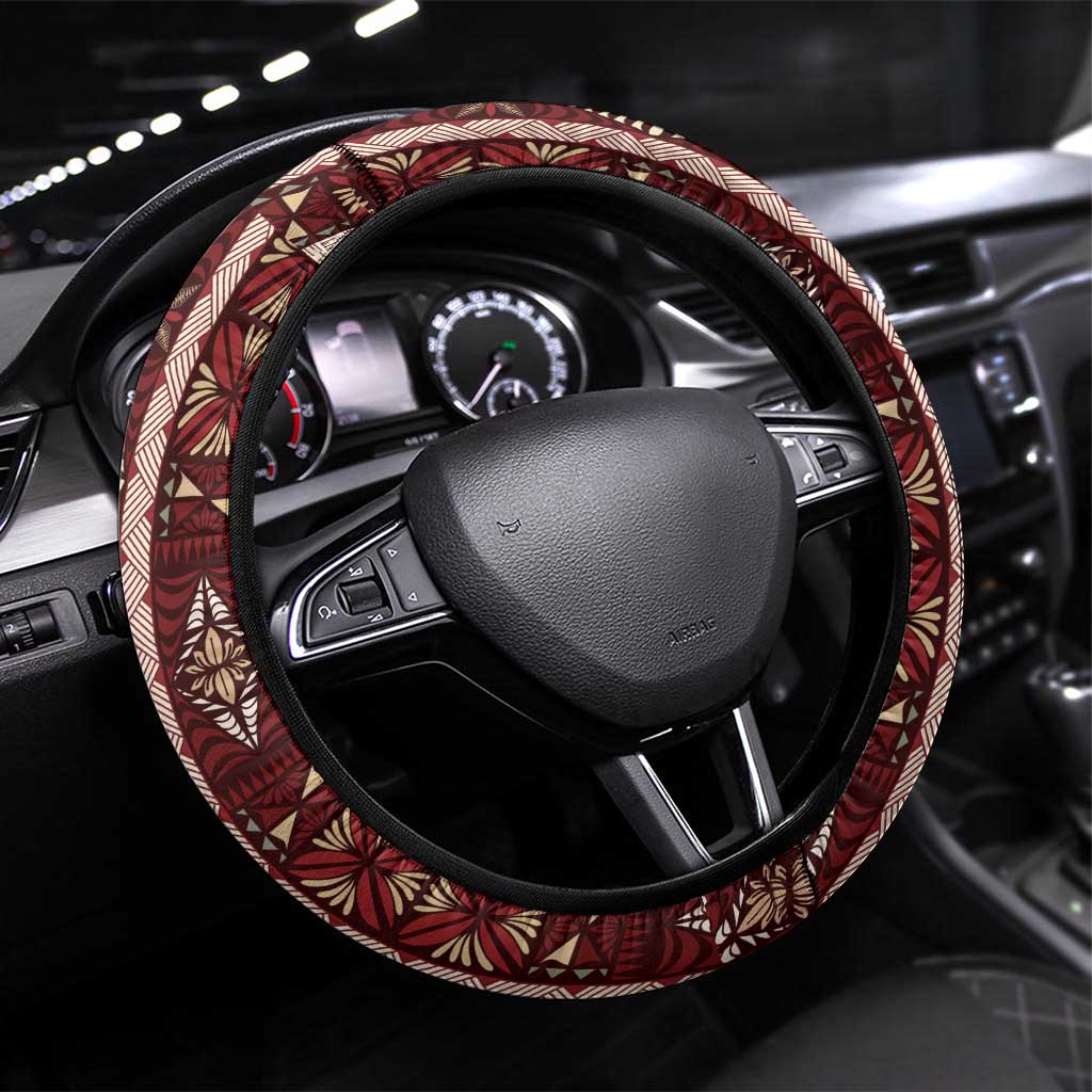 Red Vintage Tonga Ngatu Pattern With Plumeria Steering Wheel Cover - Polynesian Pride