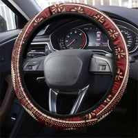 Red Vintage Tonga Ngatu Pattern With Plumeria Steering Wheel Cover - Polynesian Pride