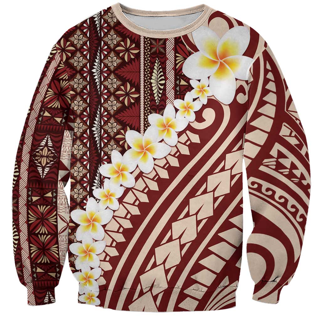 Red Vintage Tonga Ngatu Pattern With Plumeria Sweatshirt LT05 Unisex Red - Polynesian Pride