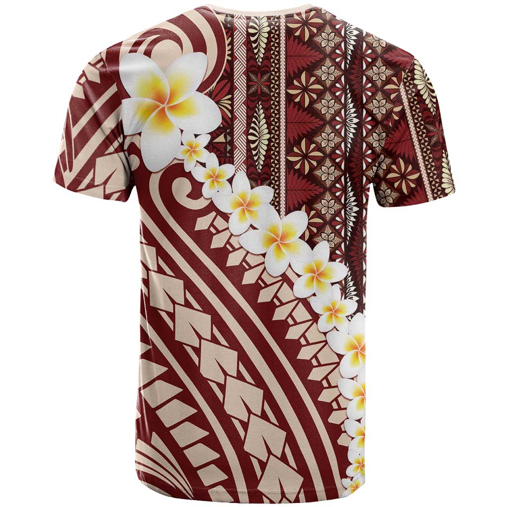 Red Vintage Tonga Ngatu Pattern With Plumeria T Shirt - Polynesian Pride