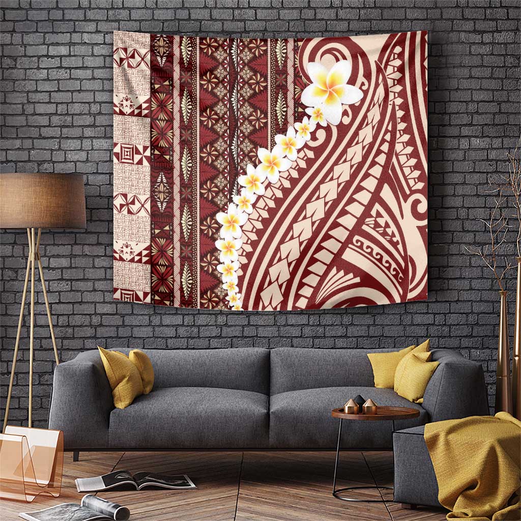Red Vintage Tonga Ngatu Pattern With Plumeria Tapestry LT05 Red - Polynesian Pride
