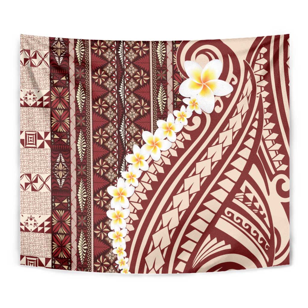 Red Vintage Tonga Ngatu Pattern With Plumeria Tapestry - Polynesian Pride