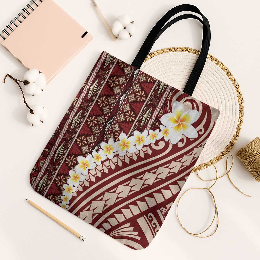 Red Vintage Tonga Ngatu Pattern With Plumeria Tote Bag LT05 Black Strap One Size Red - Polynesian Pride