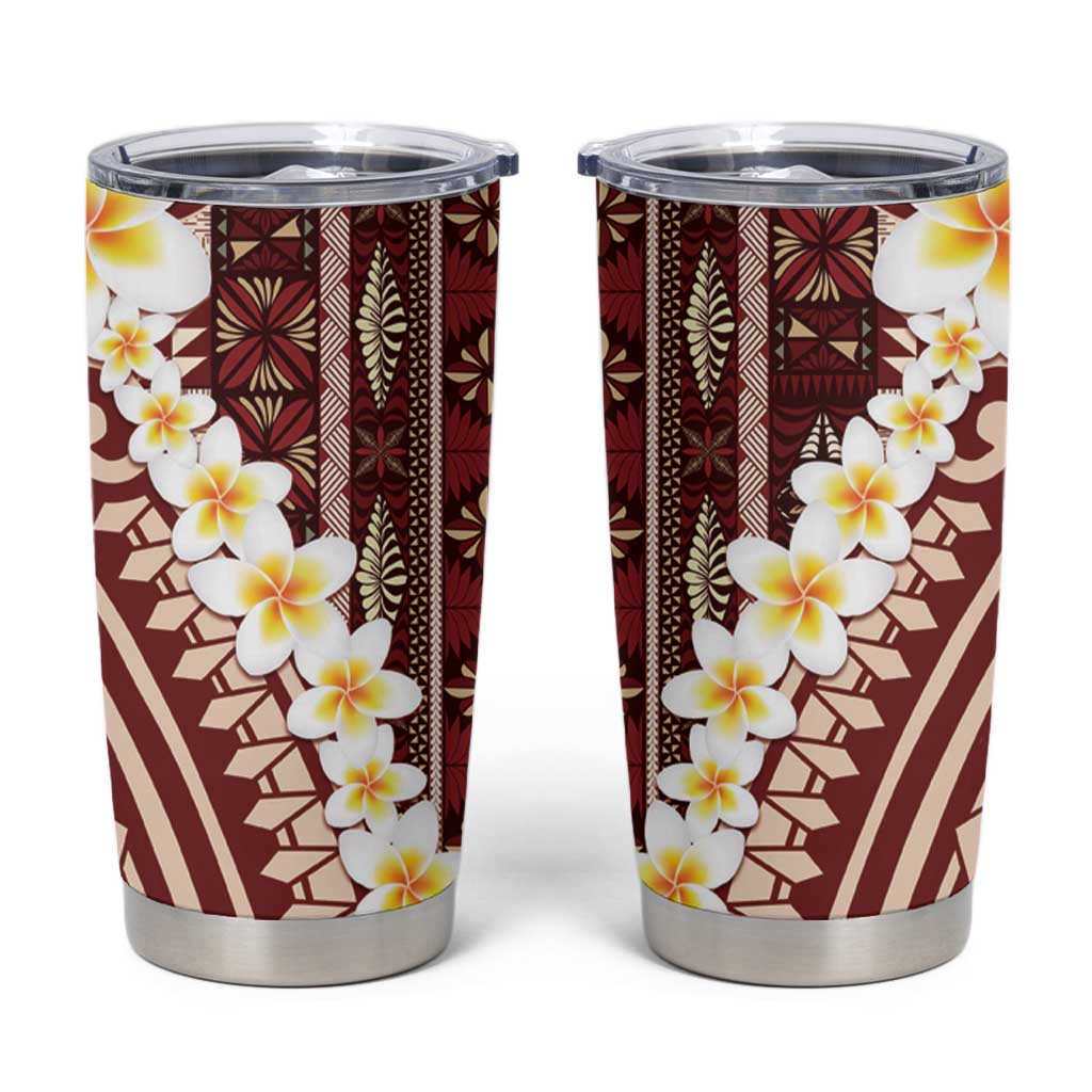 Red Vintage Tonga Ngatu Pattern With Plumeria Tumbler Cup - Polynesian Pride