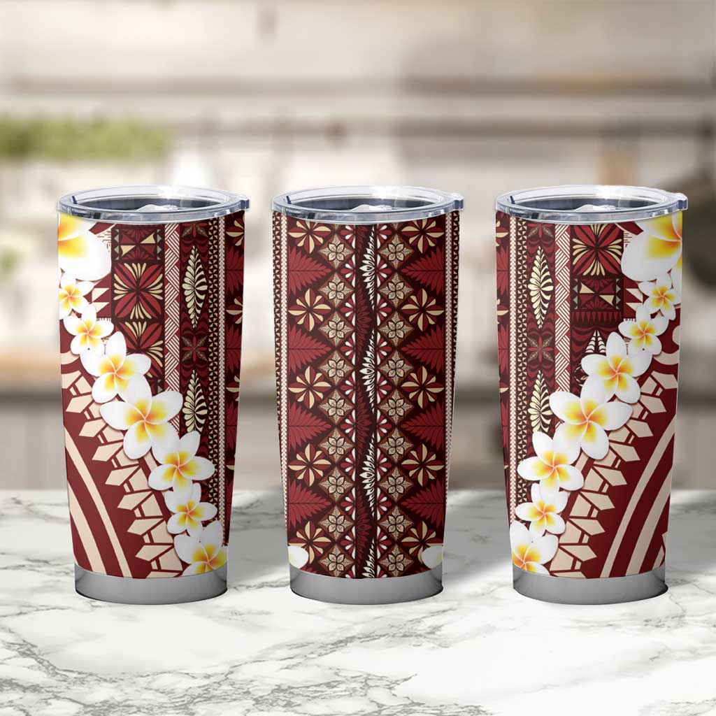 Red Vintage Tonga Ngatu Pattern With Plumeria Tumbler Cup - Polynesian Pride