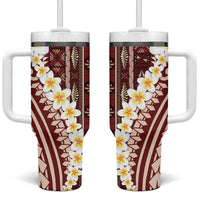 Red Vintage Tonga Ngatu Pattern With Plumeria Tumbler With Handle - Polynesian Pride