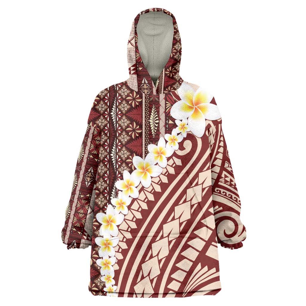Red Vintage Tonga Ngatu Pattern With Plumeria Wearable Blanket Hoodie - Polynesian Pride