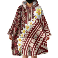 Red Vintage Tonga Ngatu Pattern With Plumeria Wearable Blanket Hoodie - Polynesian Pride