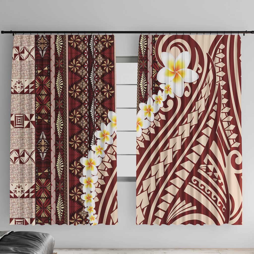 Red Vintage Tonga Ngatu Pattern With Plumeria Window Curtain - Polynesian Pride