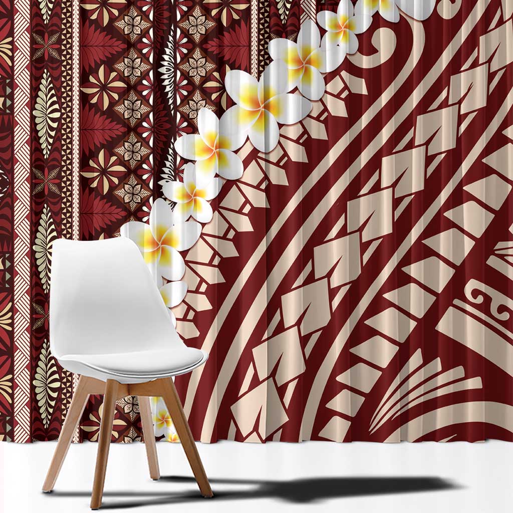 Red Vintage Tonga Ngatu Pattern With Plumeria Window Curtain - Polynesian Pride