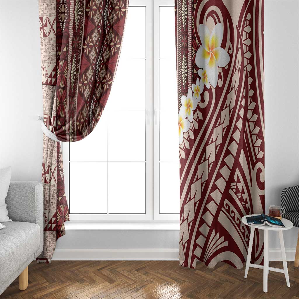 Red Vintage Tonga Ngatu Pattern With Plumeria Window Curtain - Polynesian Pride