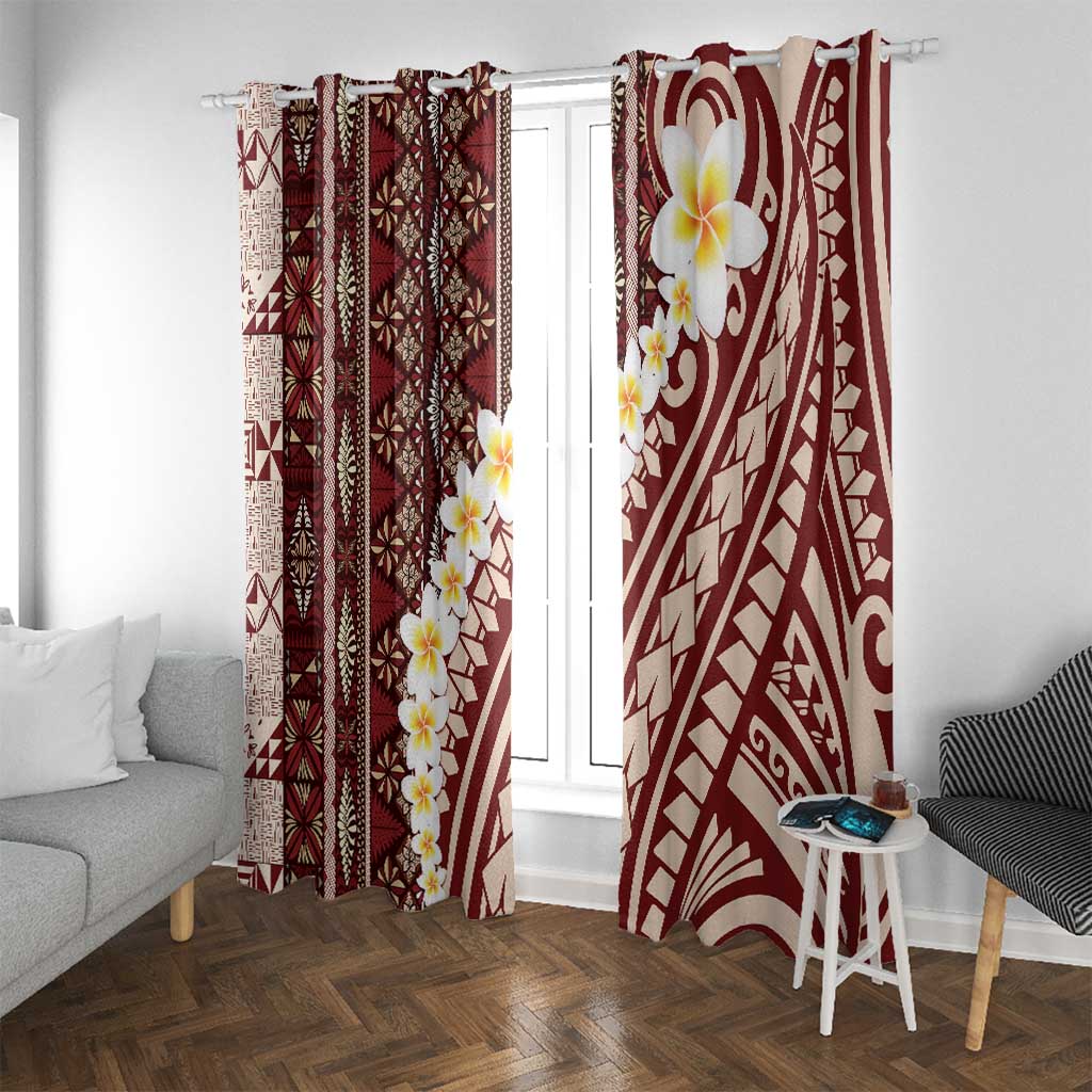 Red Vintage Tonga Ngatu Pattern With Plumeria Window Curtain - Polynesian Pride