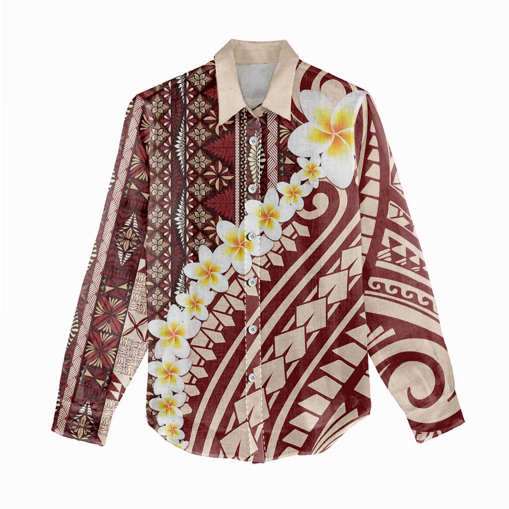 Red Vintage Tonga Ngatu Pattern With Plumeria Women Casual Shirt - Polynesian Pride