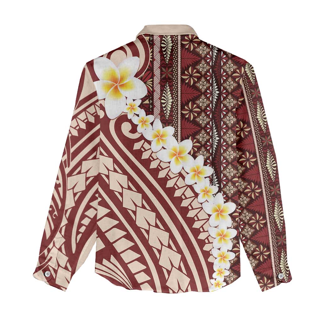 Red Vintage Tonga Ngatu Pattern With Plumeria Women Casual Shirt - Polynesian Pride