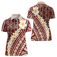 Red Vintage Tonga Ngatu Pattern With Plumeria Women Polo Shirt - Polynesian Pride