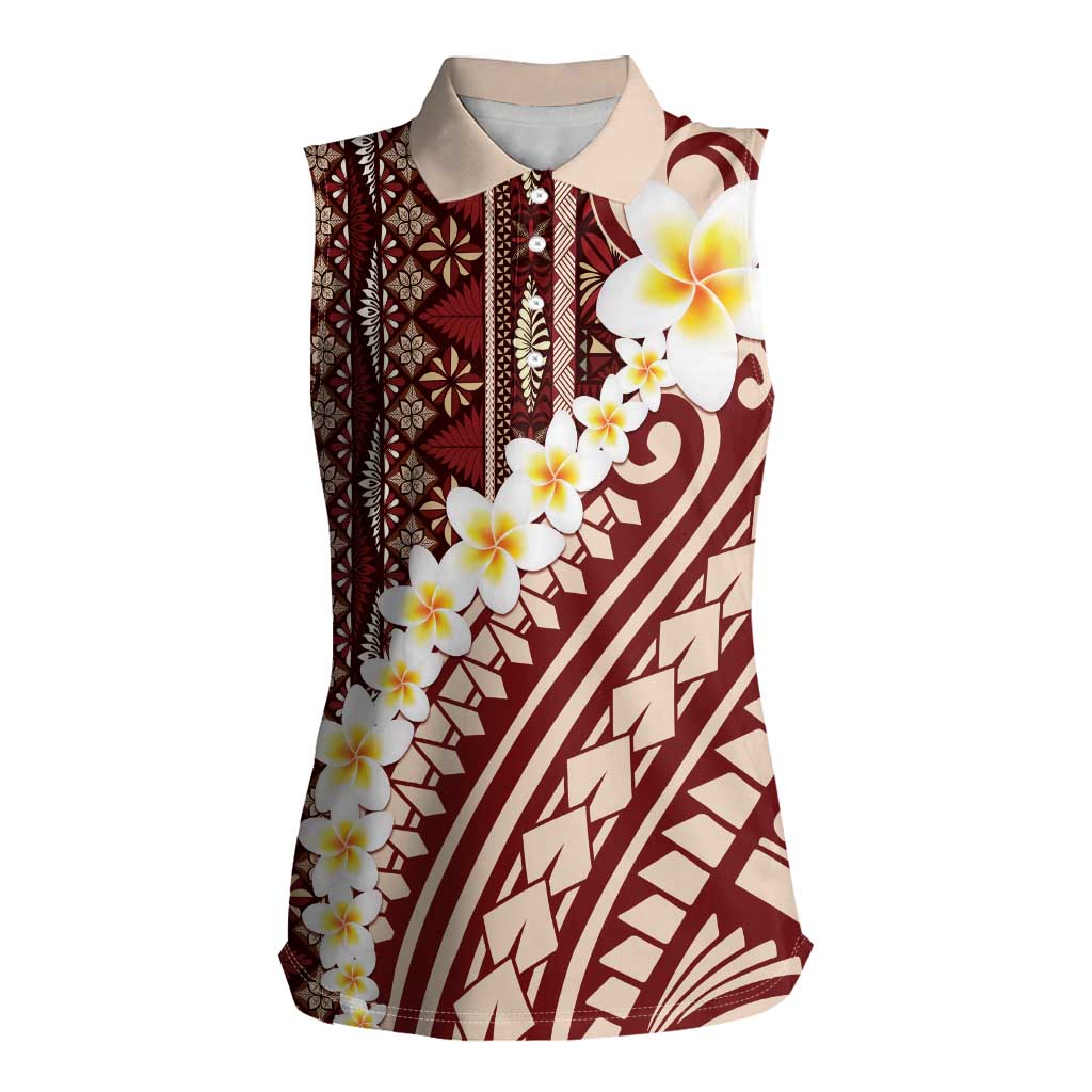 Red Vintage Tonga Ngatu Pattern With Plumeria Women Sleeveless Polo Shirt LT05 Female Red - Polynesian Pride