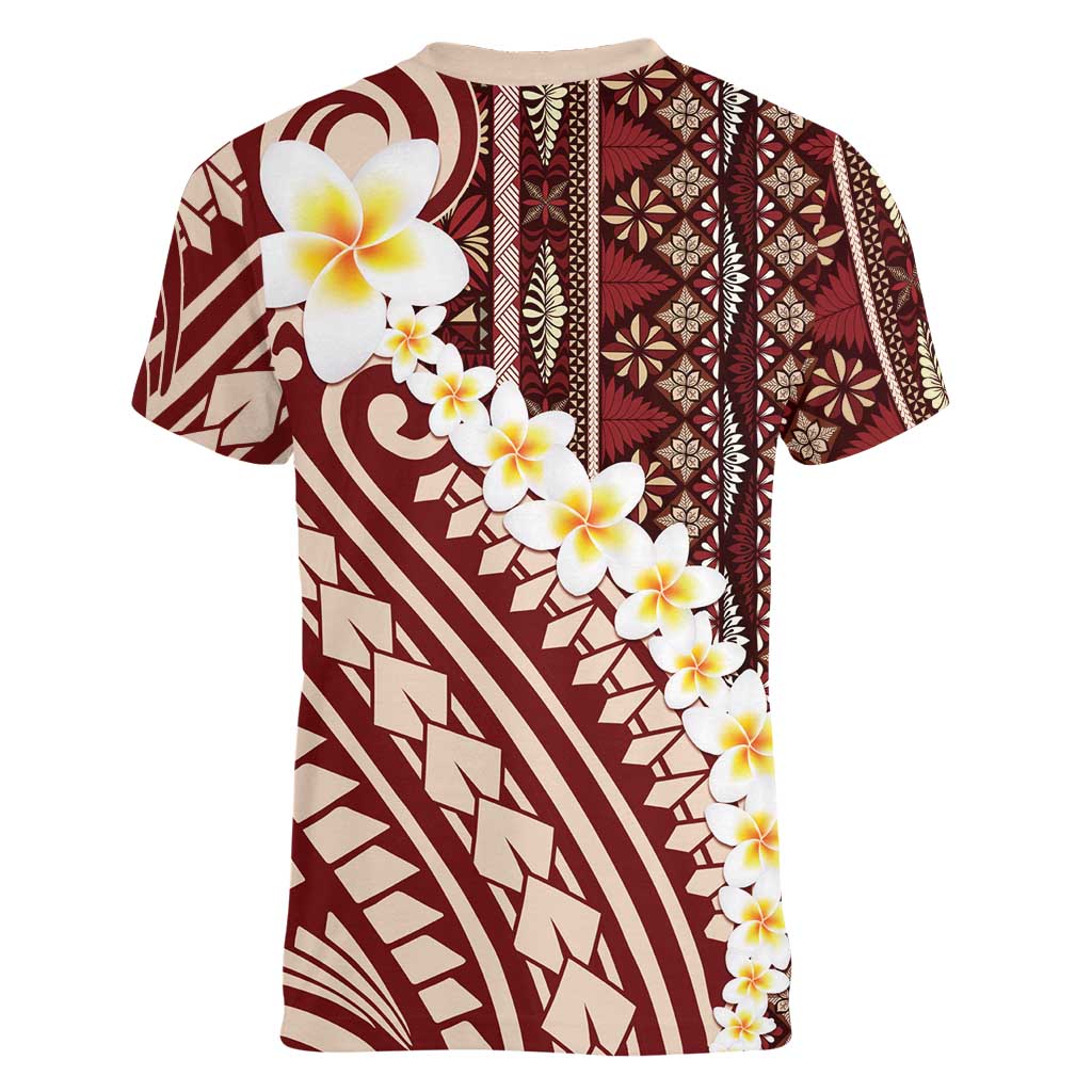 Red Vintage Tonga Ngatu Pattern With Plumeria Women V-Neck T-Shirt - Polynesian Pride