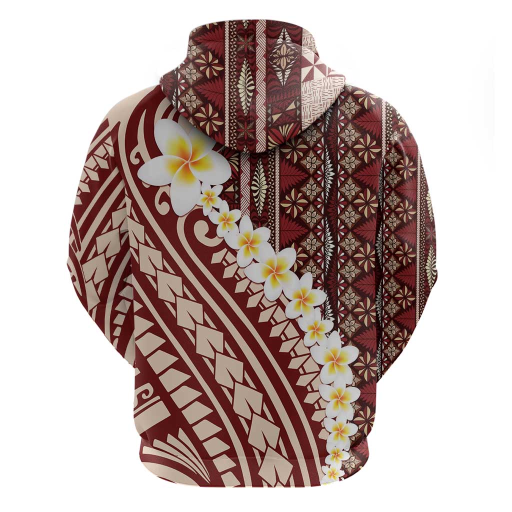 Red Vintage Tonga Ngatu Pattern With Plumeria Zip Hoodie - Polynesian Pride