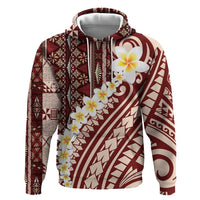 Red Vintage Tonga Ngatu Pattern With Plumeria Zip Hoodie - Polynesian Pride