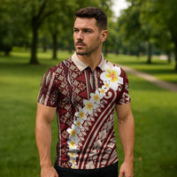 Red Vintage Tonga Ngatu Pattern With Plumeria Zipper Polo Shirt - Polynesian Pride