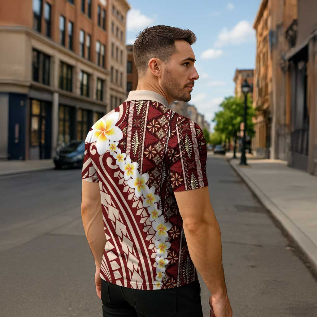 Red Vintage Tonga Ngatu Pattern With Plumeria Zipper Polo Shirt - Polynesian Pride