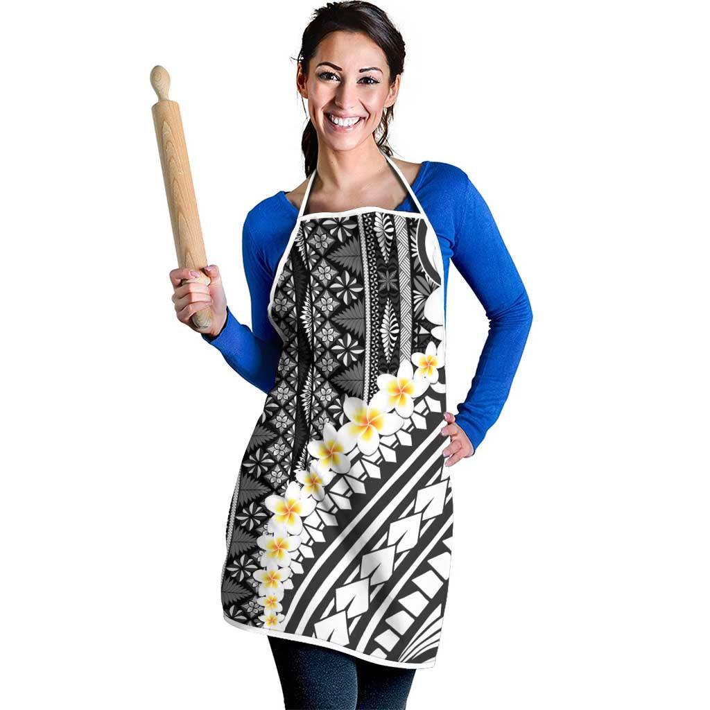 Black Vintage Tonga Ngatu Pattern With Plumeria Apron - Polynesian Pride