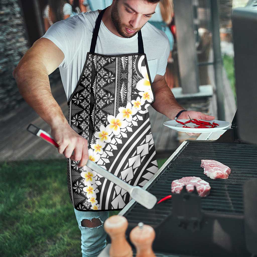 Black Vintage Tonga Ngatu Pattern With Plumeria Apron - Polynesian Pride