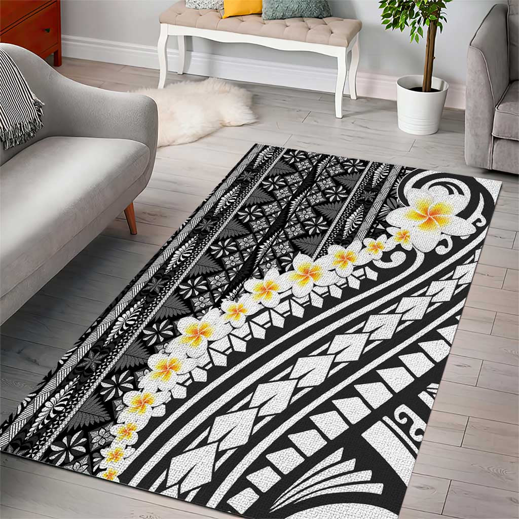Black Vintage Tonga Ngatu Pattern With Plumeria Area Rug - Polynesian Pride
