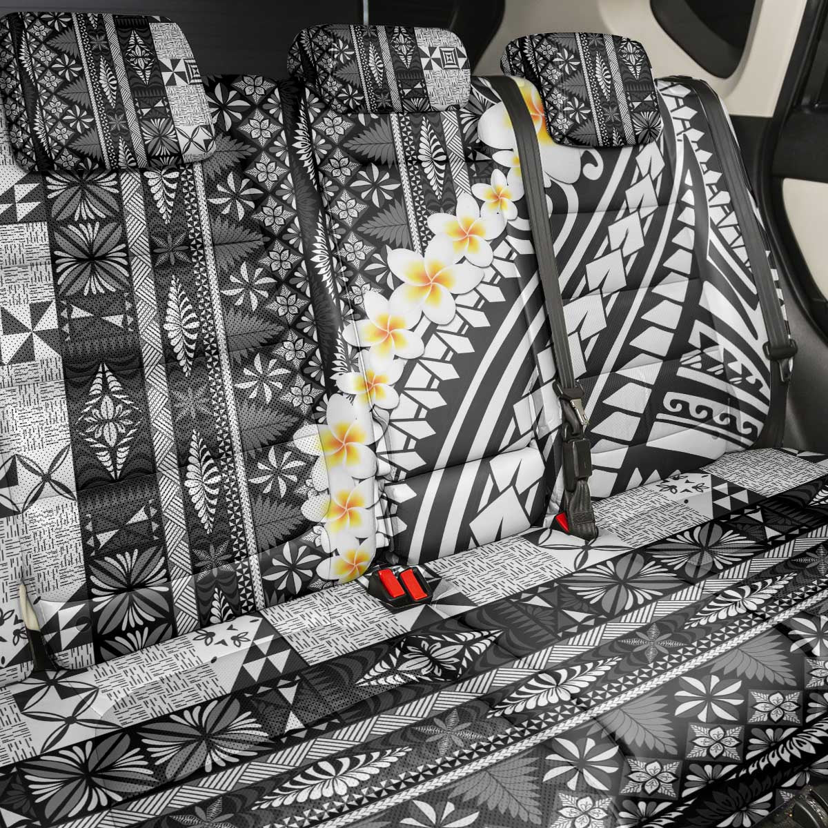Black Vintage Tonga Ngatu Pattern With Plumeria Back Car Seat Cover - Polynesian Pride