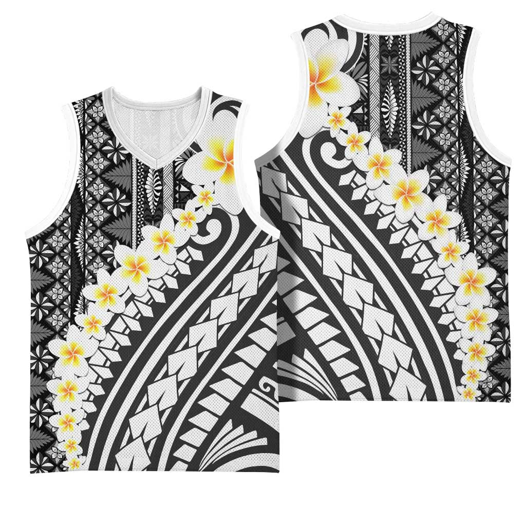 Black Vintage Tonga Ngatu Pattern With Plumeria Basketball Jersey - Polynesian Pride